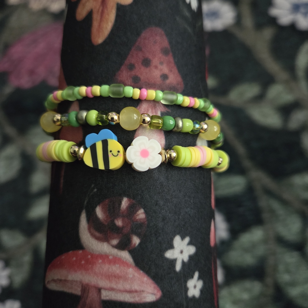 Colorful Glass Beaded Stack Bracelet Set Green Yellow
